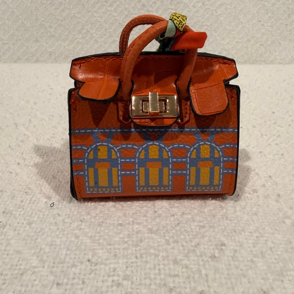 Miniature Orange Handbag Keychain with Gold Clasp and Pattern