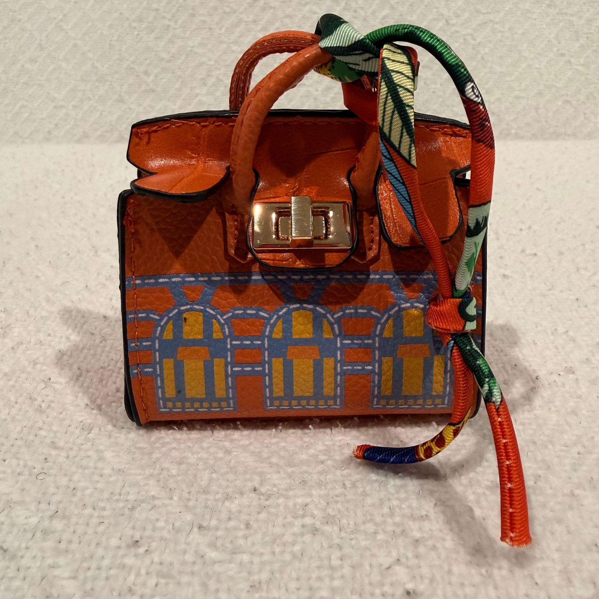 Miniature Orange Handbag Keychain with Gold Clasp and Pattern 6