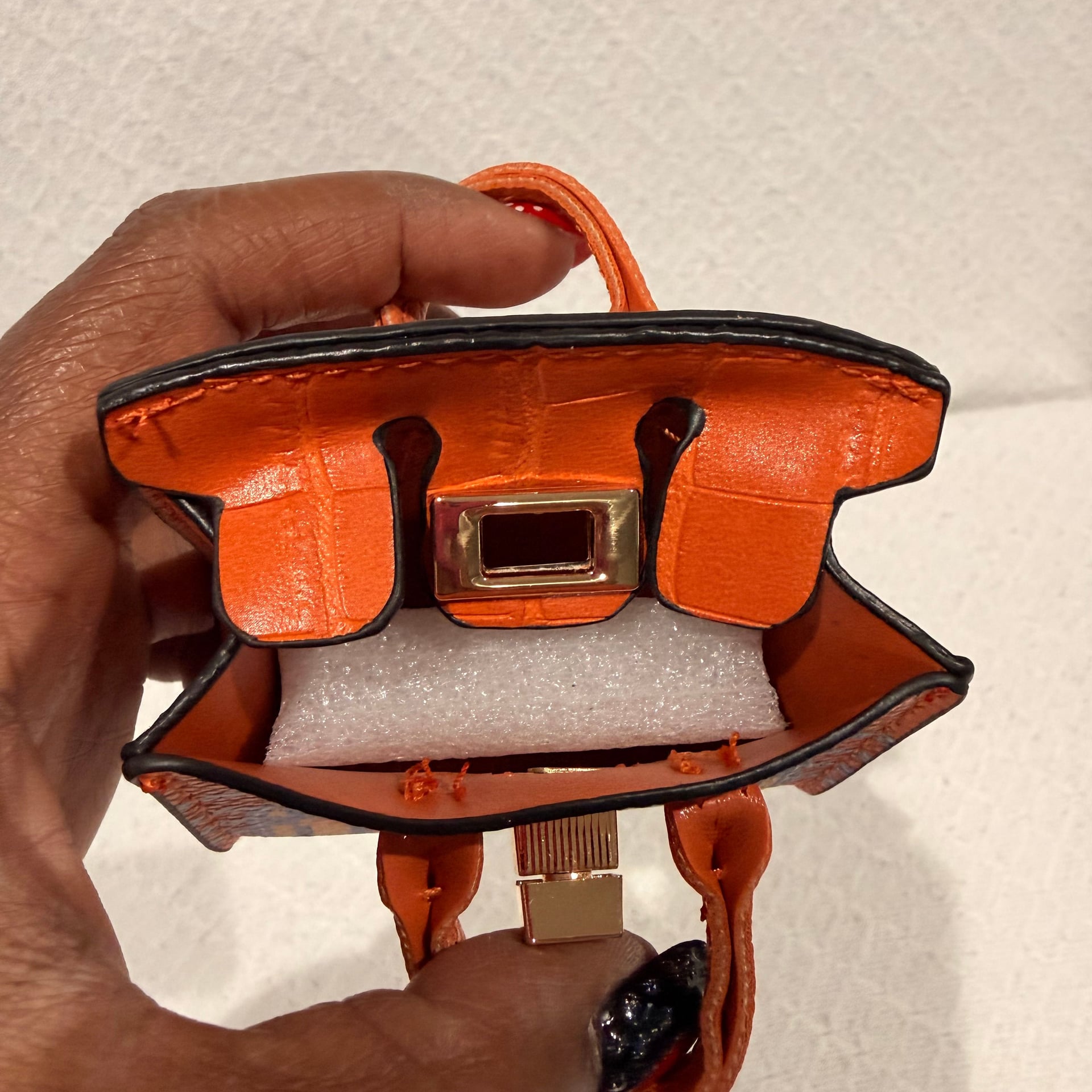 Miniature Orange Handbag Keychain with Gold Clasp and Pattern 7