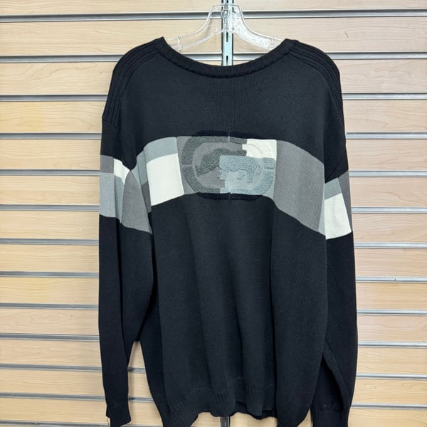 Y2K Echo Patchwork Sweater Mens L Large Black Gray Chenille Colorblock