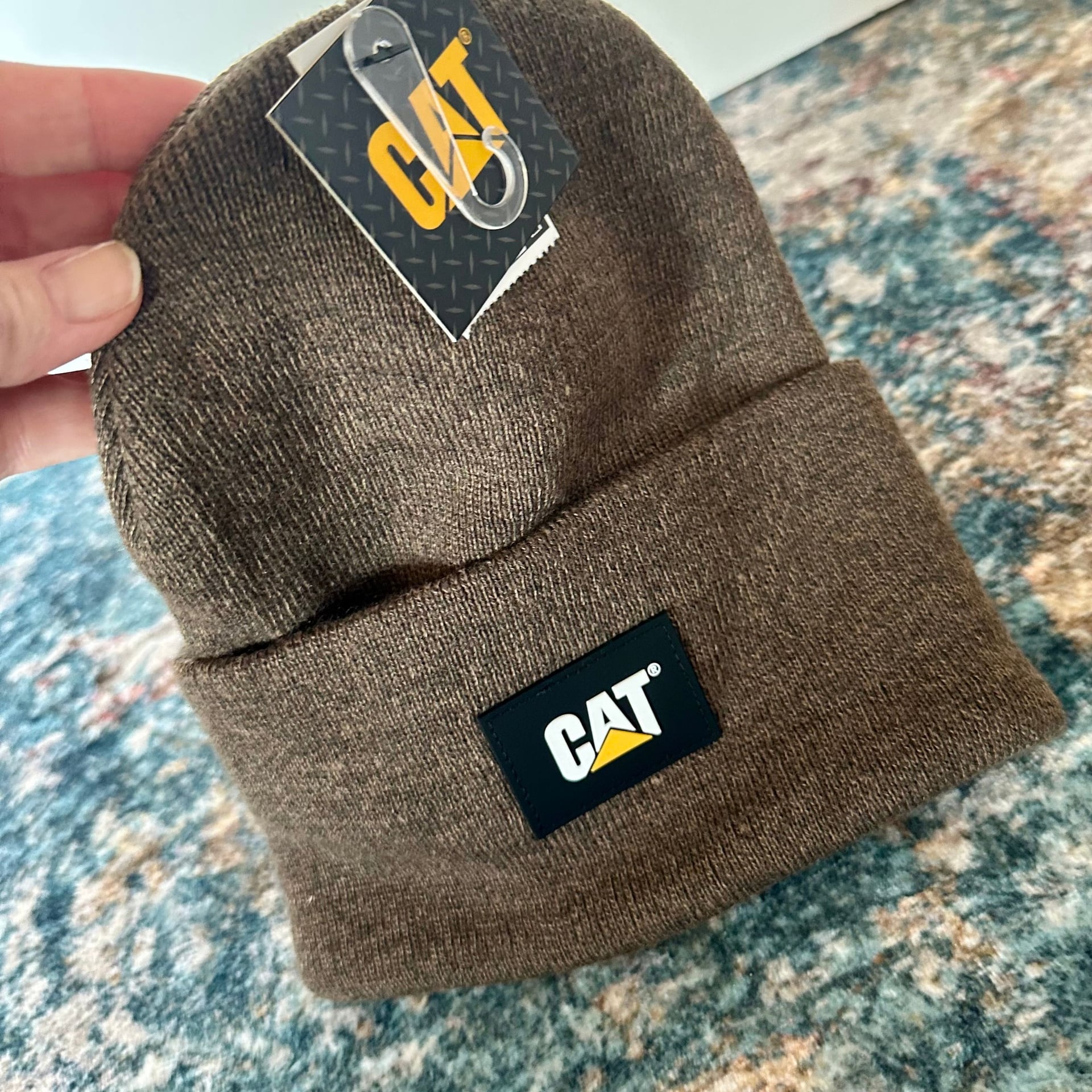 Mens CAT Label Cuff Beanie Hat Heather Grey One Size 4