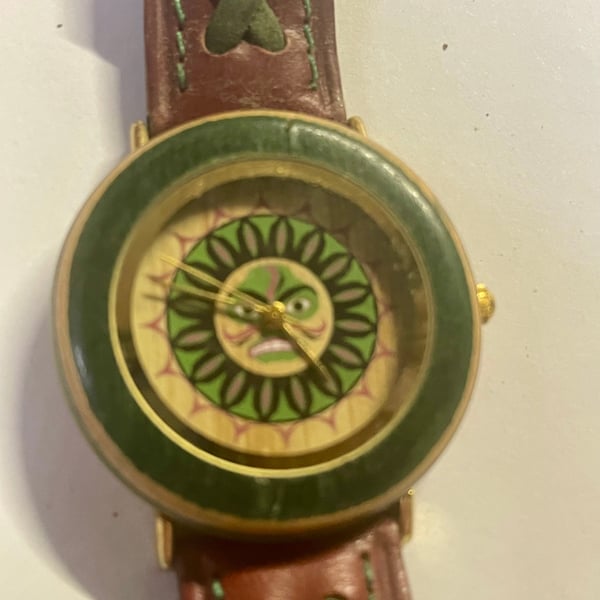 VTG Oscardo Japanese Sun Face Analog Watch, Green Laced Brown Leather Band