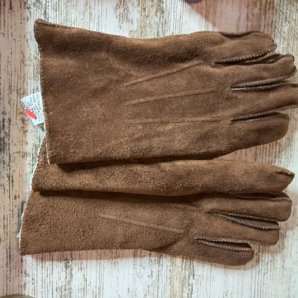 Vintage Brown Suede Leather Gloves - size L 