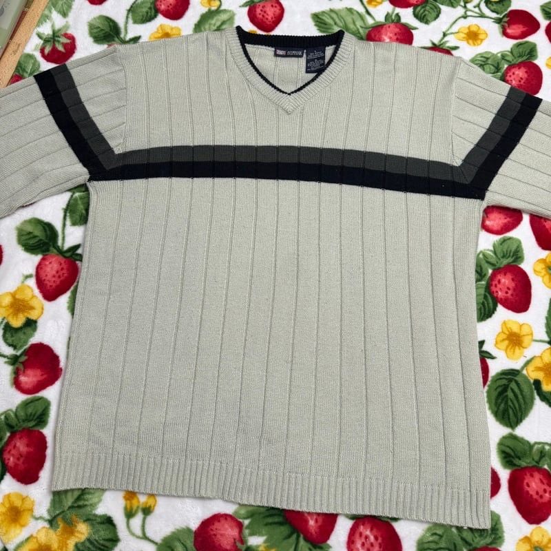 Faded Glory Mens V-Neck V Neck Sweater Beige Striped Knit Pullover 1
