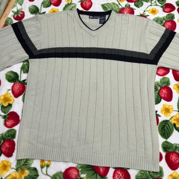 Faded Glory Mens V-Neck V Neck Sweater Beige Striped Knit Pullover