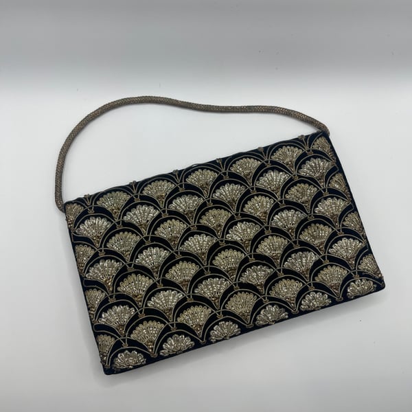 Vintage 1950s Black Velvet Zardozi Gold Embroidered Clutch Bag