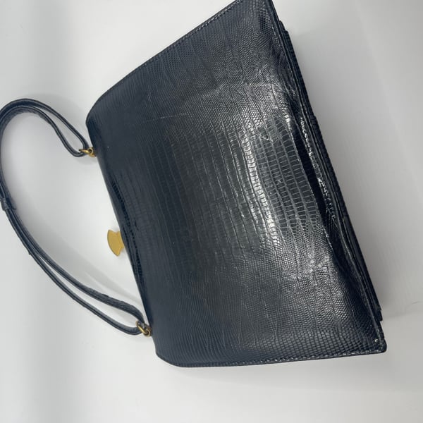 Vintage Palizzio Black Lizard Skin Handbag with Brass Turnlock