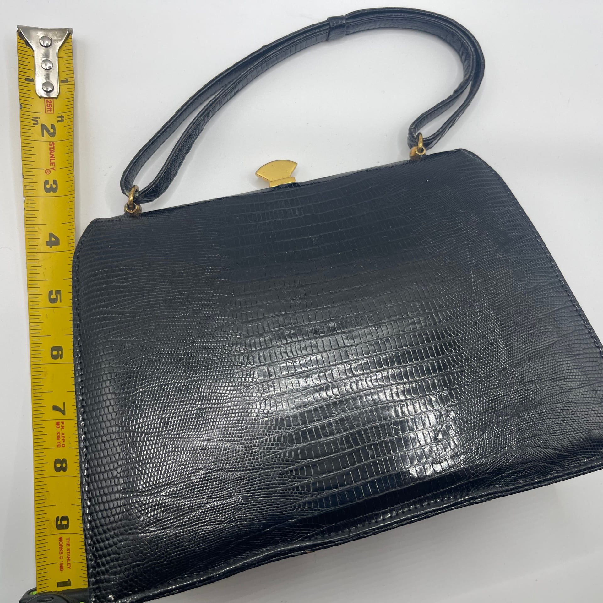 Vintage Palizzio Black Lizard Skin Handbag with Brass Turnlock 8
