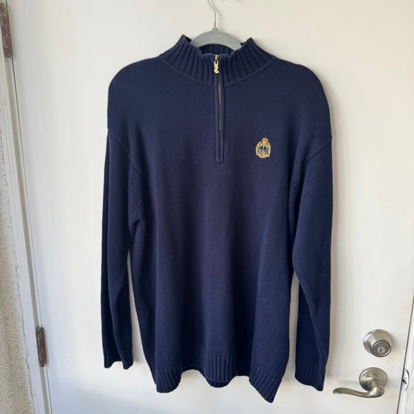 Polo Ralph Lauren Men's Navy Blue Knit 1/4 Zip Sweater with Crest Logo