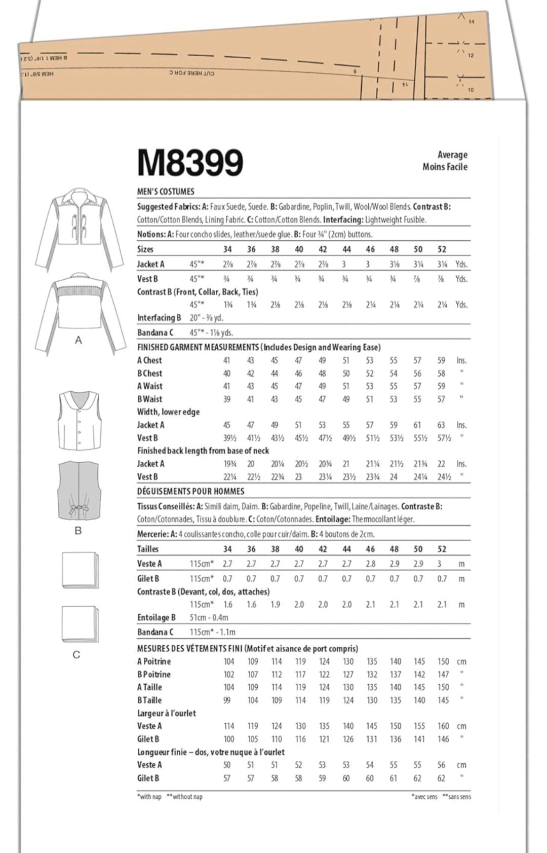 McCall's Men's Old West Costume Sewing Pattern Packet, Design Code M8399, Sizes 44-46-48-50-52 : Arts, Crafts & Sewing - 3