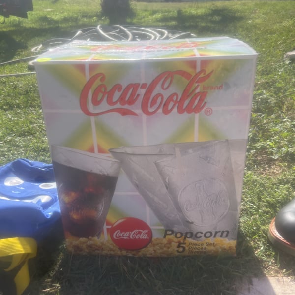 Vintage 1997 Coca-Cola 5-Piece Popcorn Snack Set Bowl & 4 Glasses