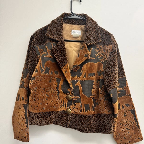VTG 80s Paco Soler Tapestry Animal Print Jacket S-M Blazer Africa Elephant Top