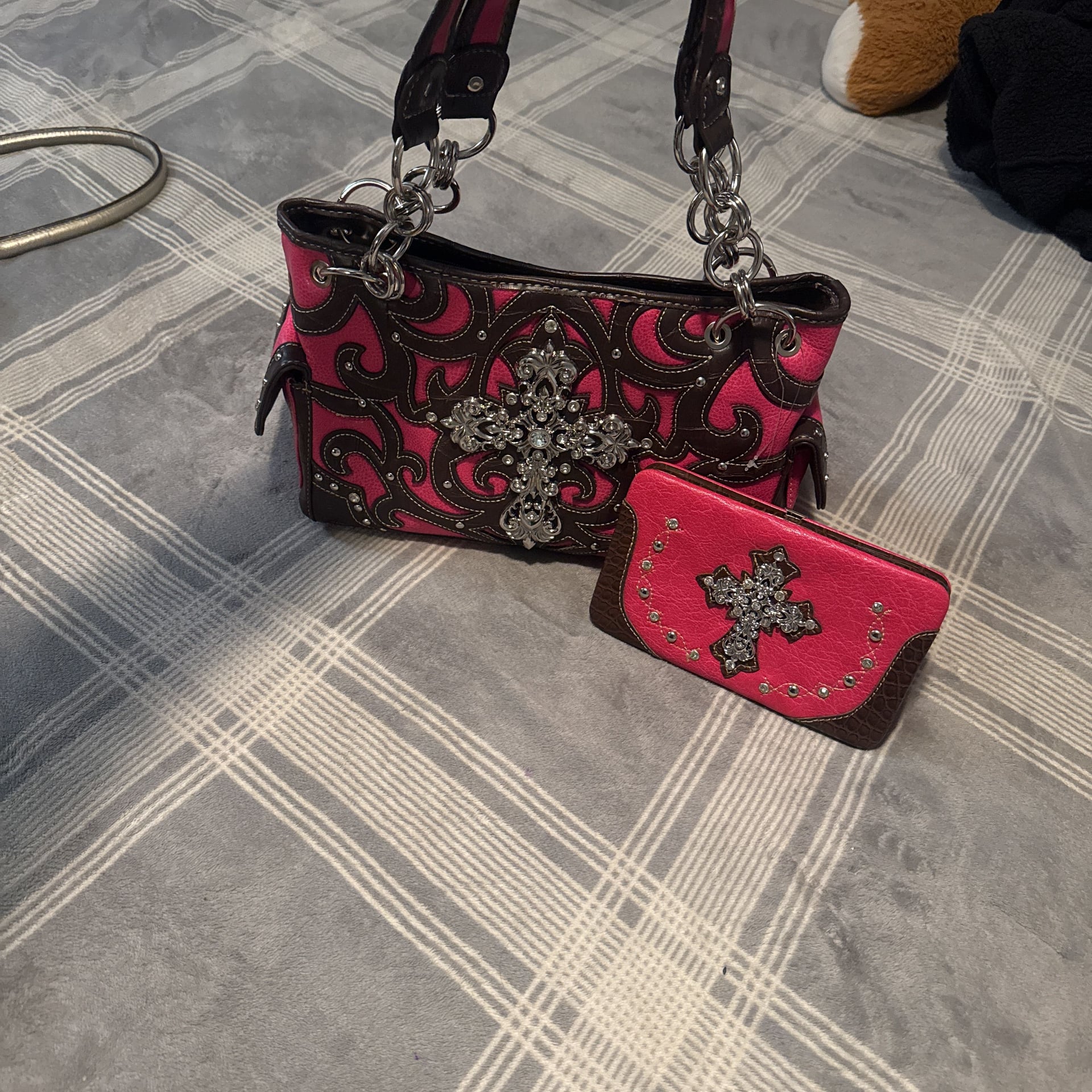 Western Pink Buckle Rhinestone Studs Tote Shoulder Handbag 1