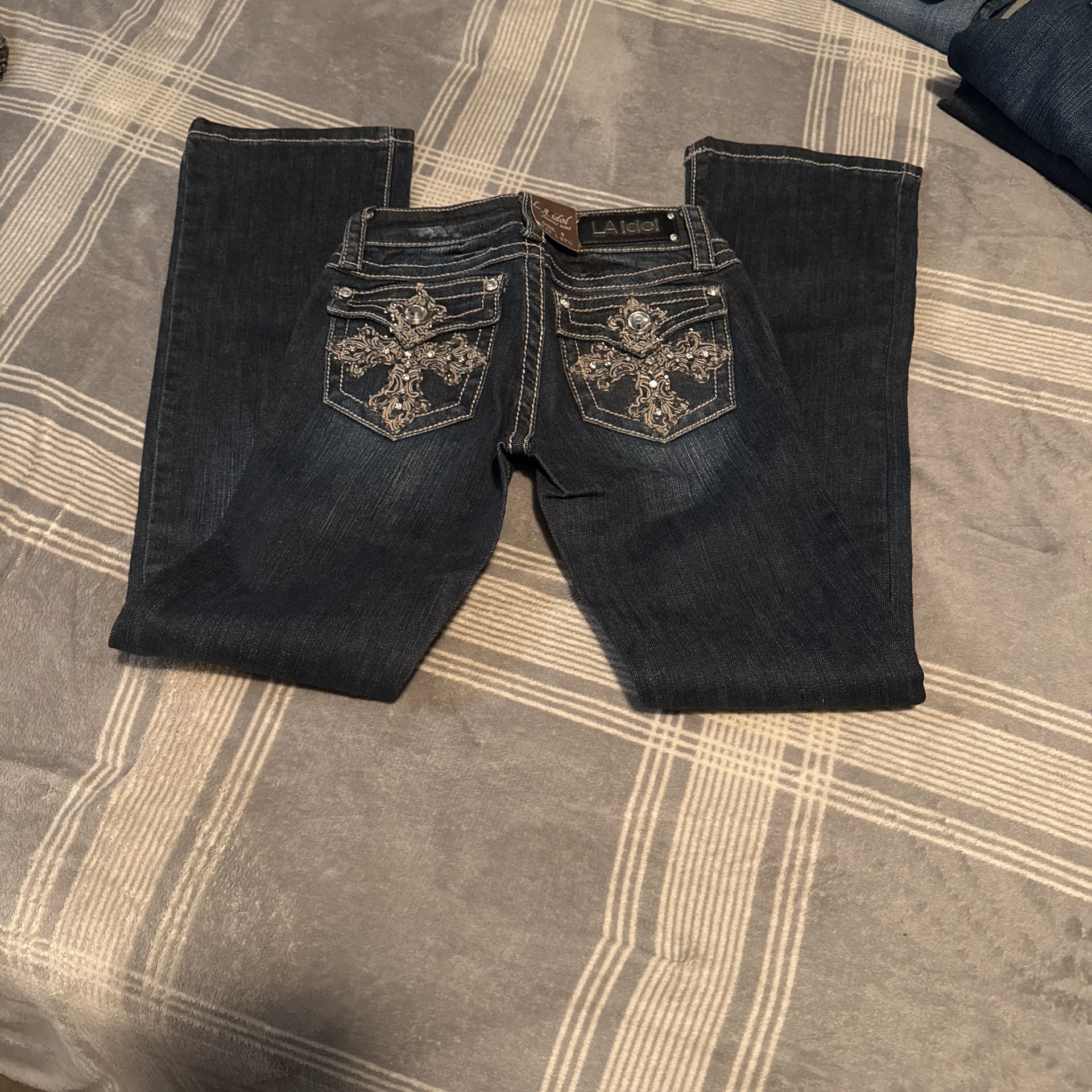 LA Idol Bootcut Jeans Rhinestone Embellished Flap Pockets 2