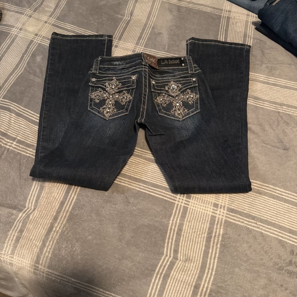 LA Idol Bootcut Jeans Rhinestone Embellished Flap Pockets