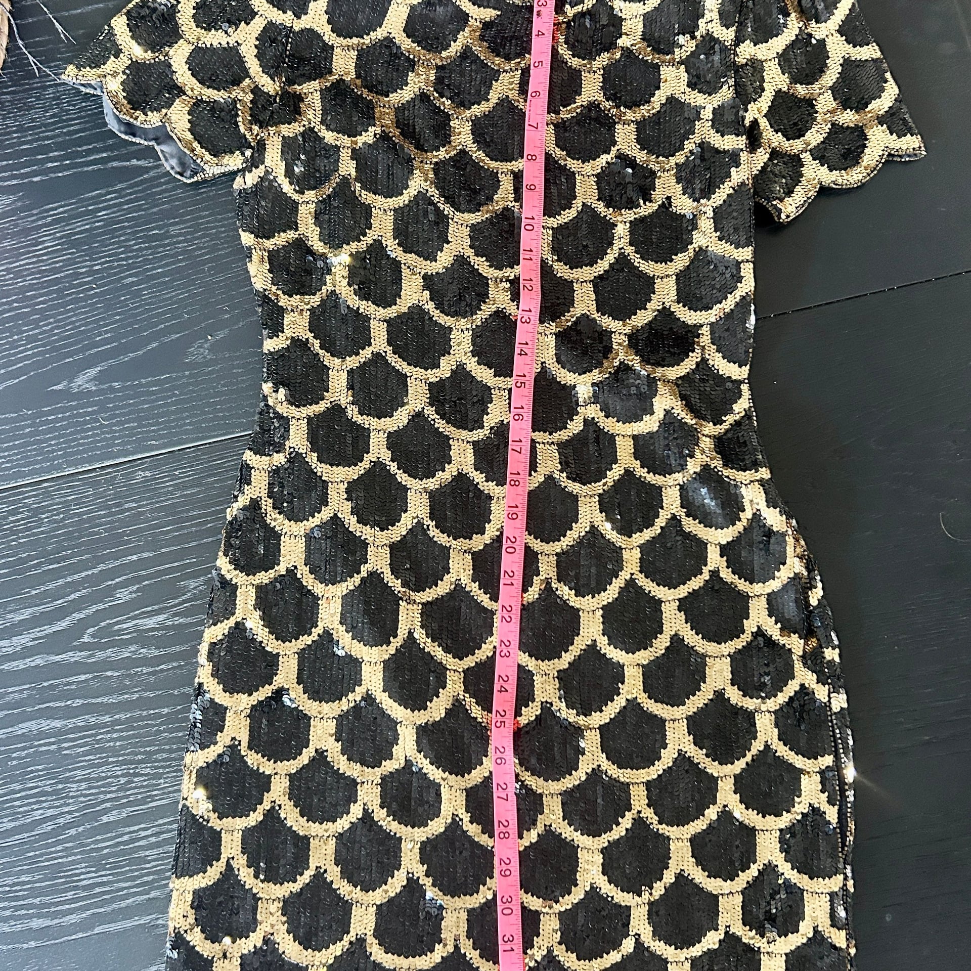Vintage Scarlet Rage Black & Gold Sequin Art Deco Scallop Mini Dress 10