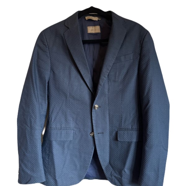 Zara Man Blue Textured Natural Fibers 2-Button Blazer