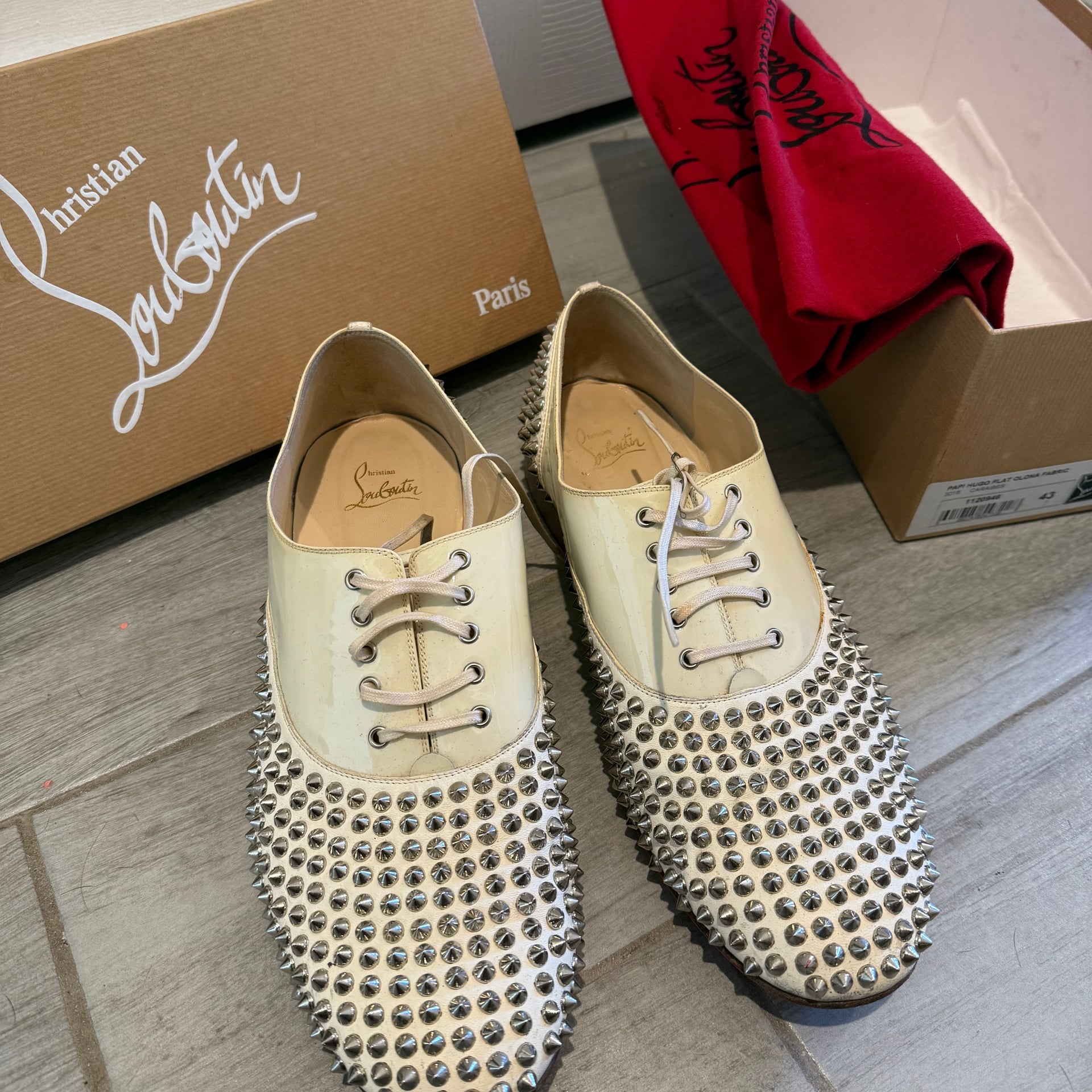 Christian Louboutin Freddy Spiked White Leather Loafer Flat Shoes 1