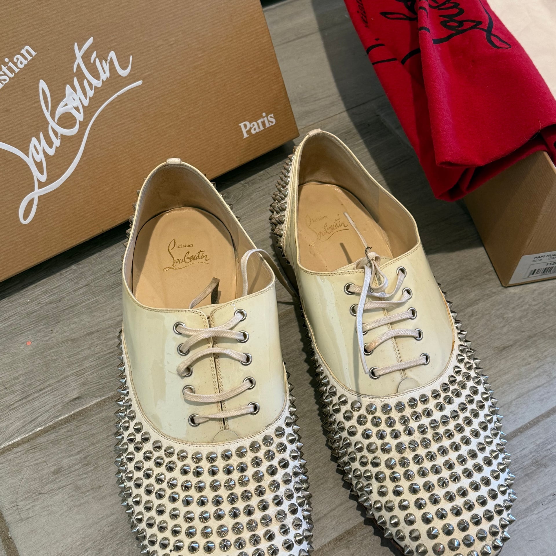Christian Louboutin Freddy Spiked White Leather Loafer Flat Shoes 2