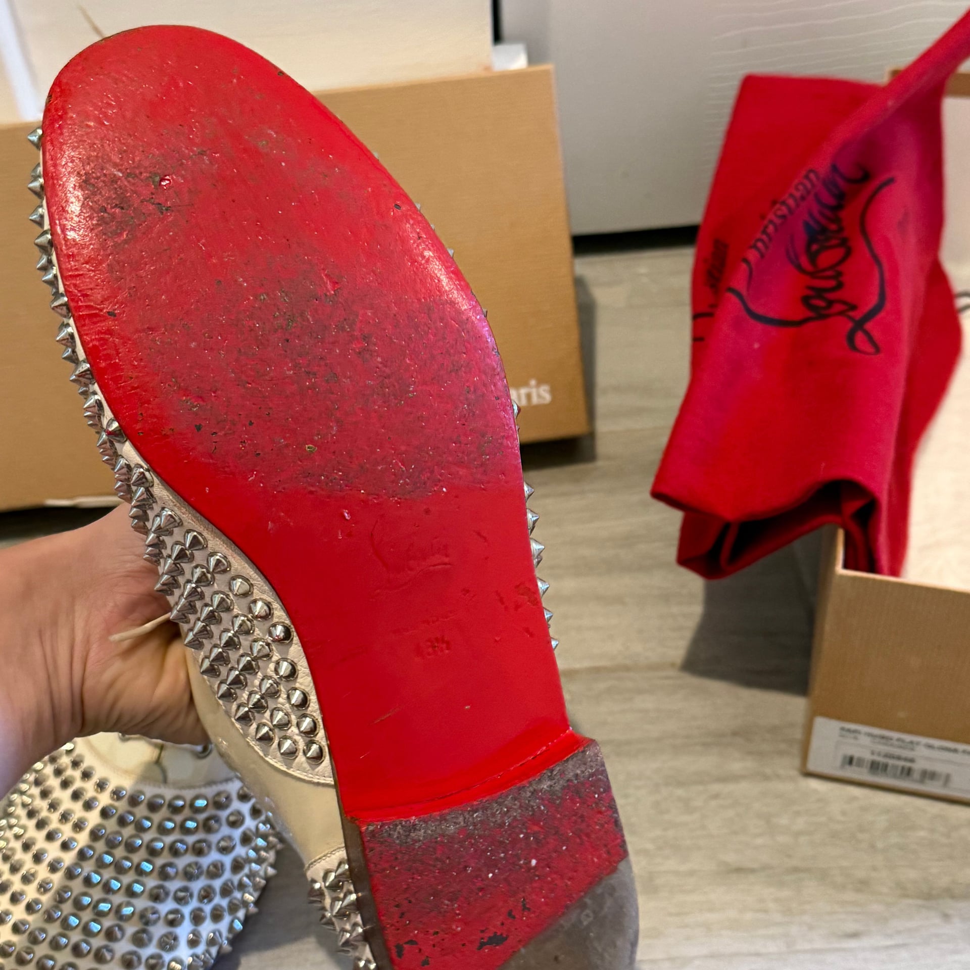 Christian Louboutin Freddy Spiked White Leather Loafer Flat Shoes 4