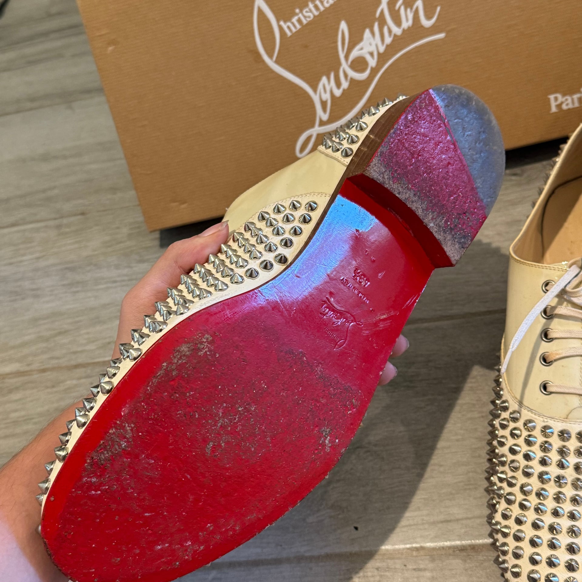 Christian Louboutin Freddy Spiked White Leather Loafer Flat Shoes 8