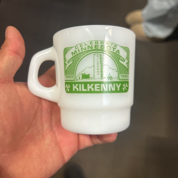Vintage Anchor Hocking Fire-King Milk Glass Coffee Mug, Minnesota Kilkenny 1990
