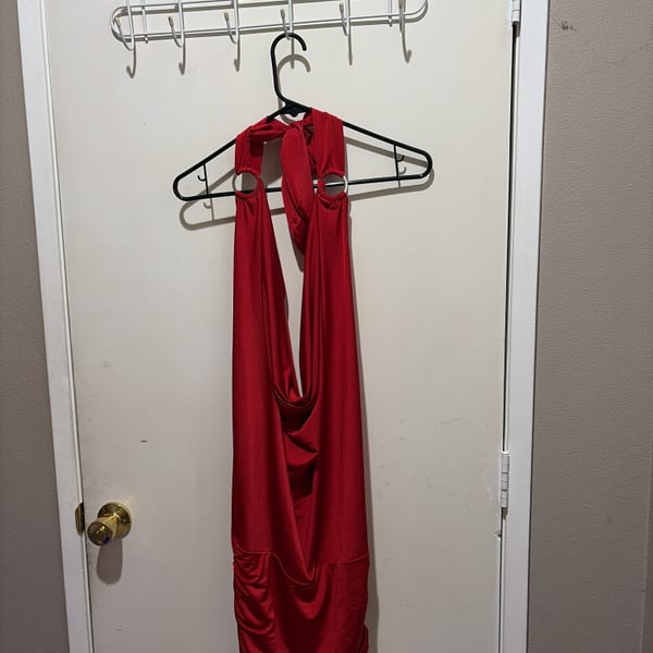 A Women's Plunge Mini Dress with Open Back and O-Ring Detail
