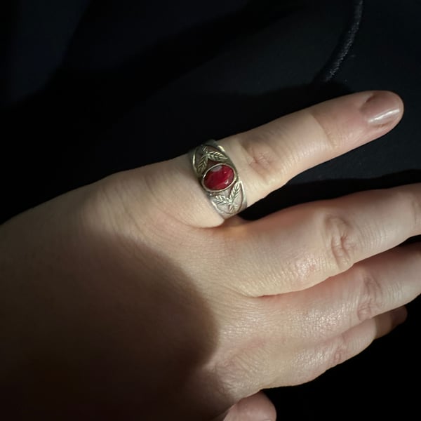 Garnet Gothic Fleur de Lis Ring in Sterling Silver 