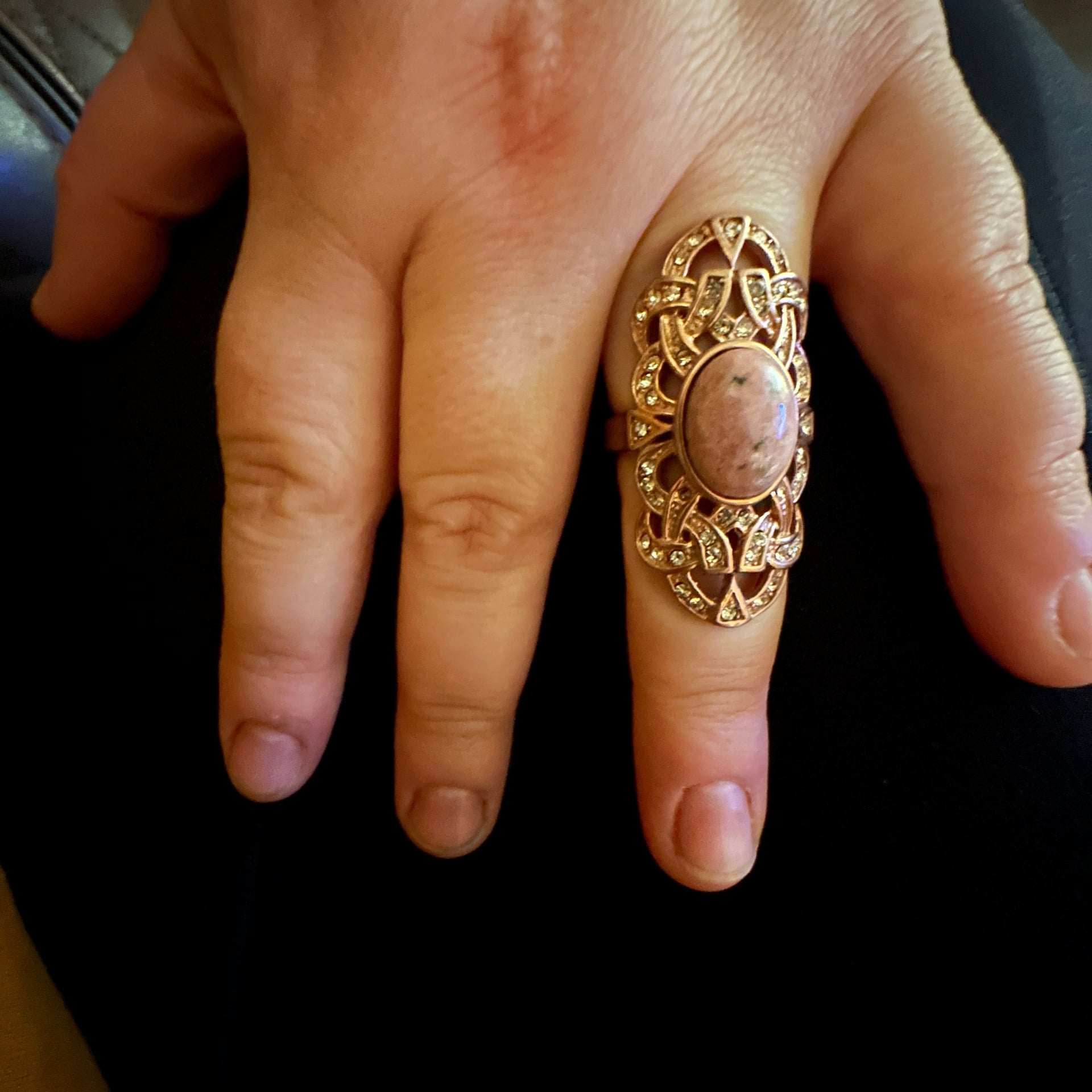 Pink Rhodonite Stone Vintage Style Mineral Jewelry in Antiqued Brass ring 1