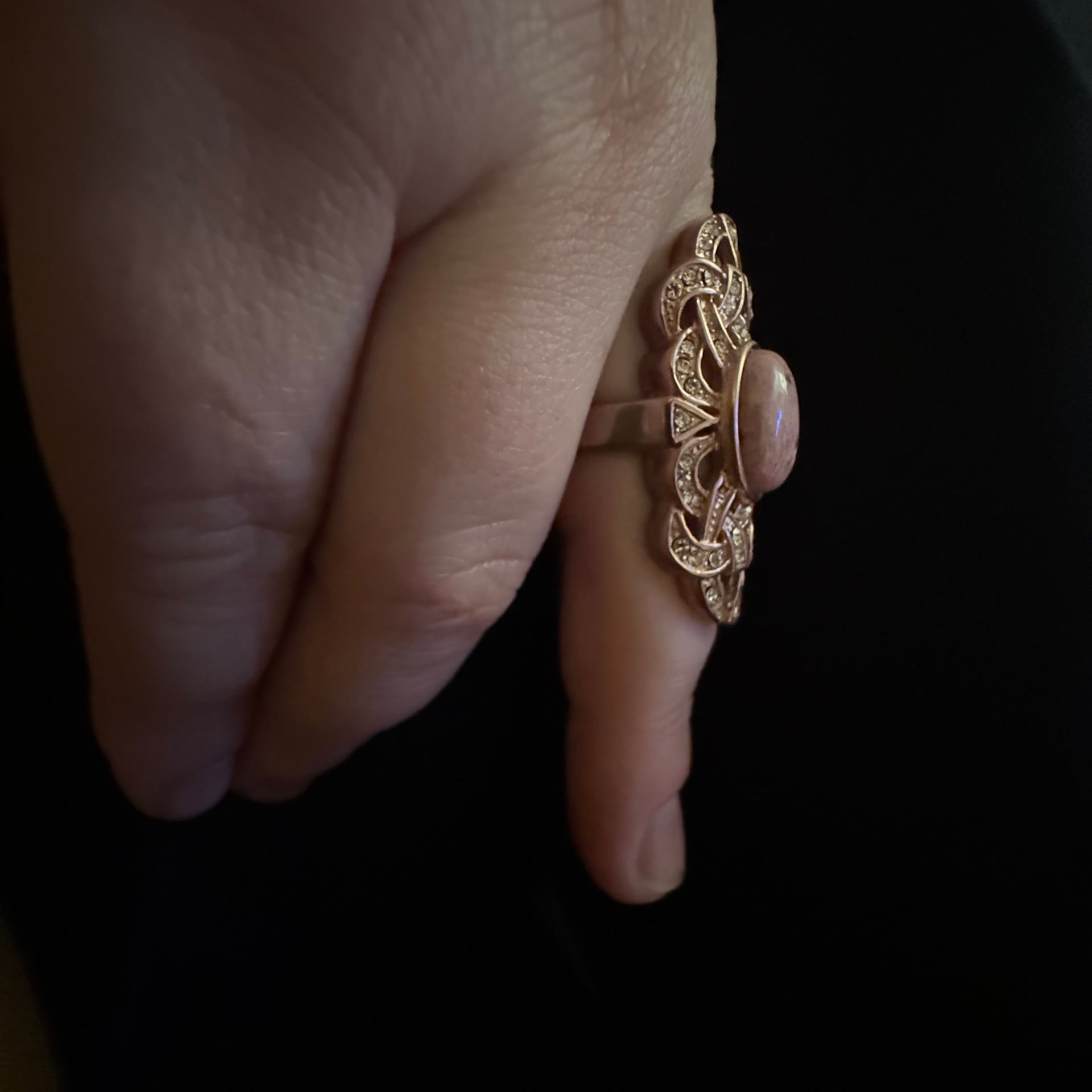 Pink Rhodonite Stone Vintage Style Mineral Jewelry in Antiqued Brass ring 2