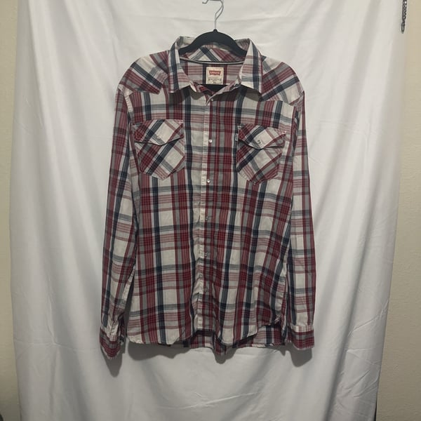 Levi's Mens Red Blue Red Plaid Long Sleeve Pearl Snap Western Shirt