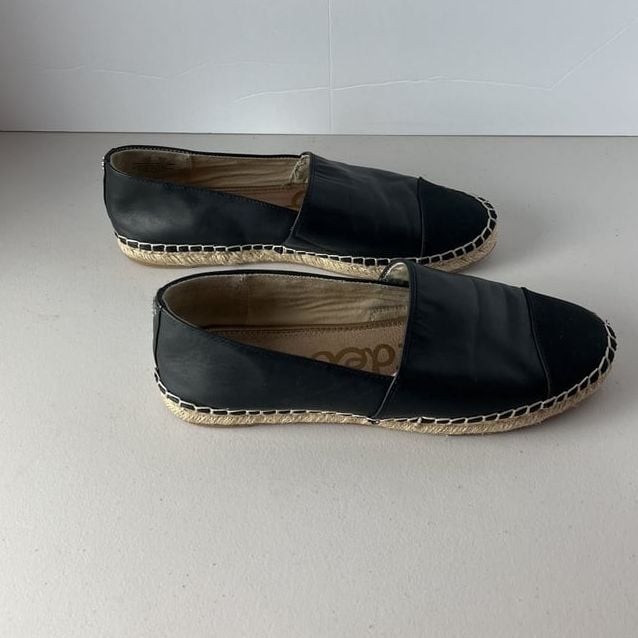 Sam Edelman Krissy Espadrille Cap Toe Flats - Black Leather Size 10 5