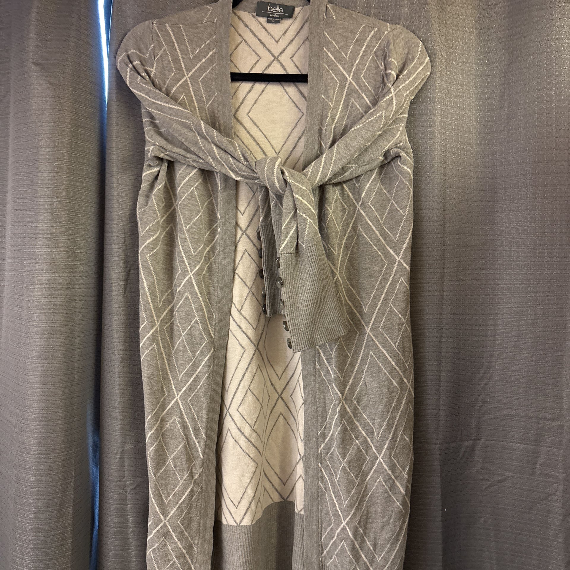 Belldini Open Front Hooded Cardigan with Pockets, Gray & White Diamond Pattern 1