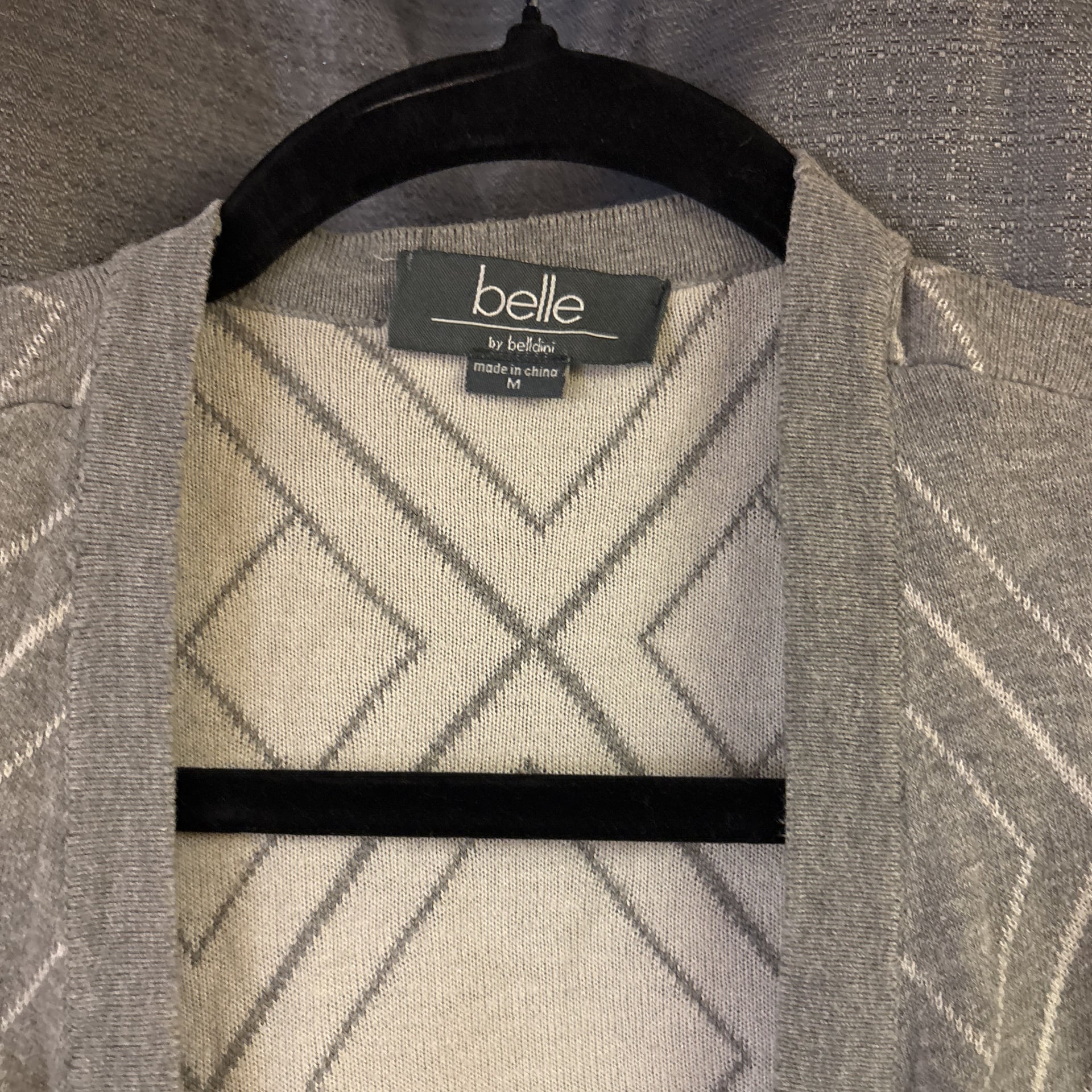 Belldini Open Front Hooded Cardigan with Pockets, Gray & White Diamond Pattern 2