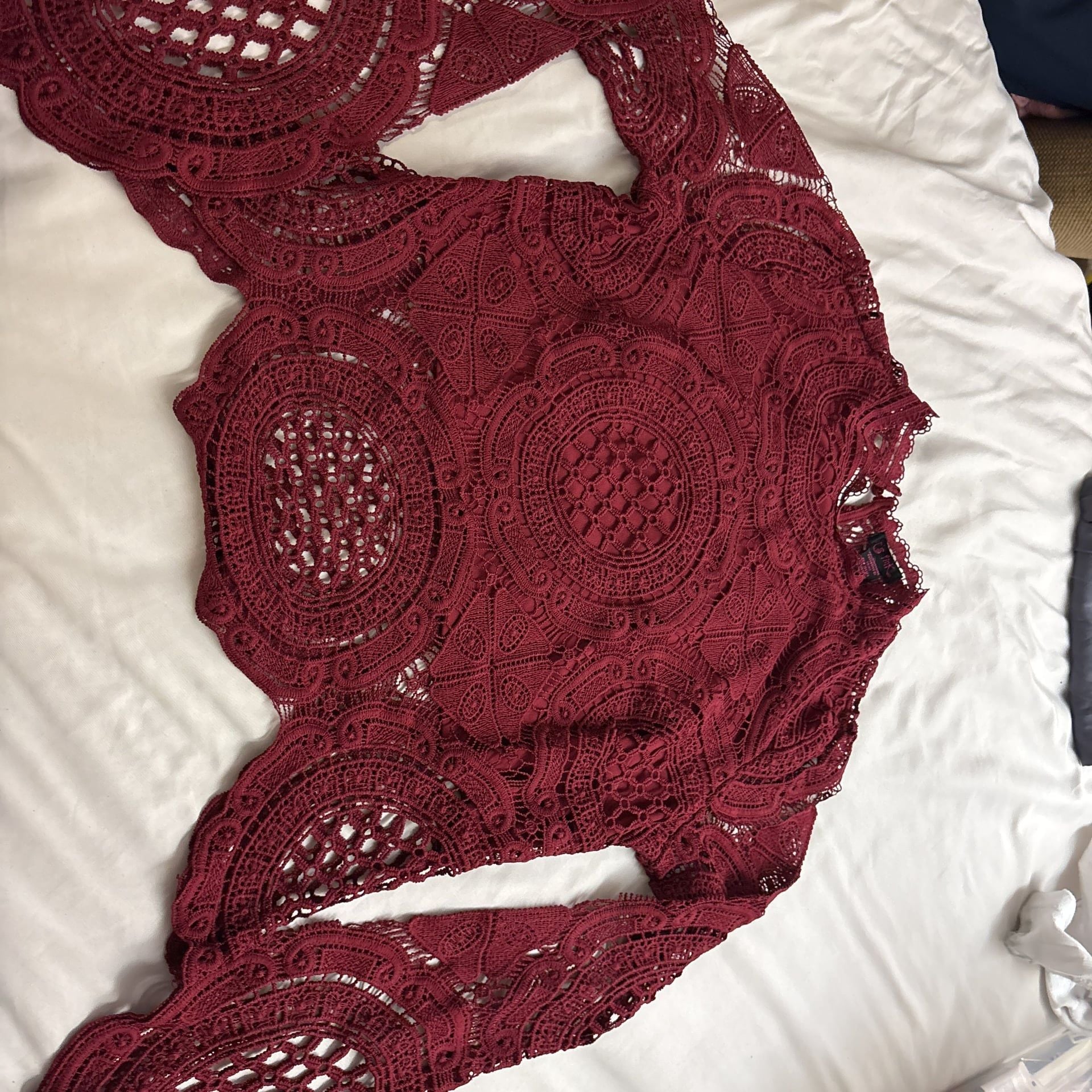 Burgundy lace boho long sleeve top 1