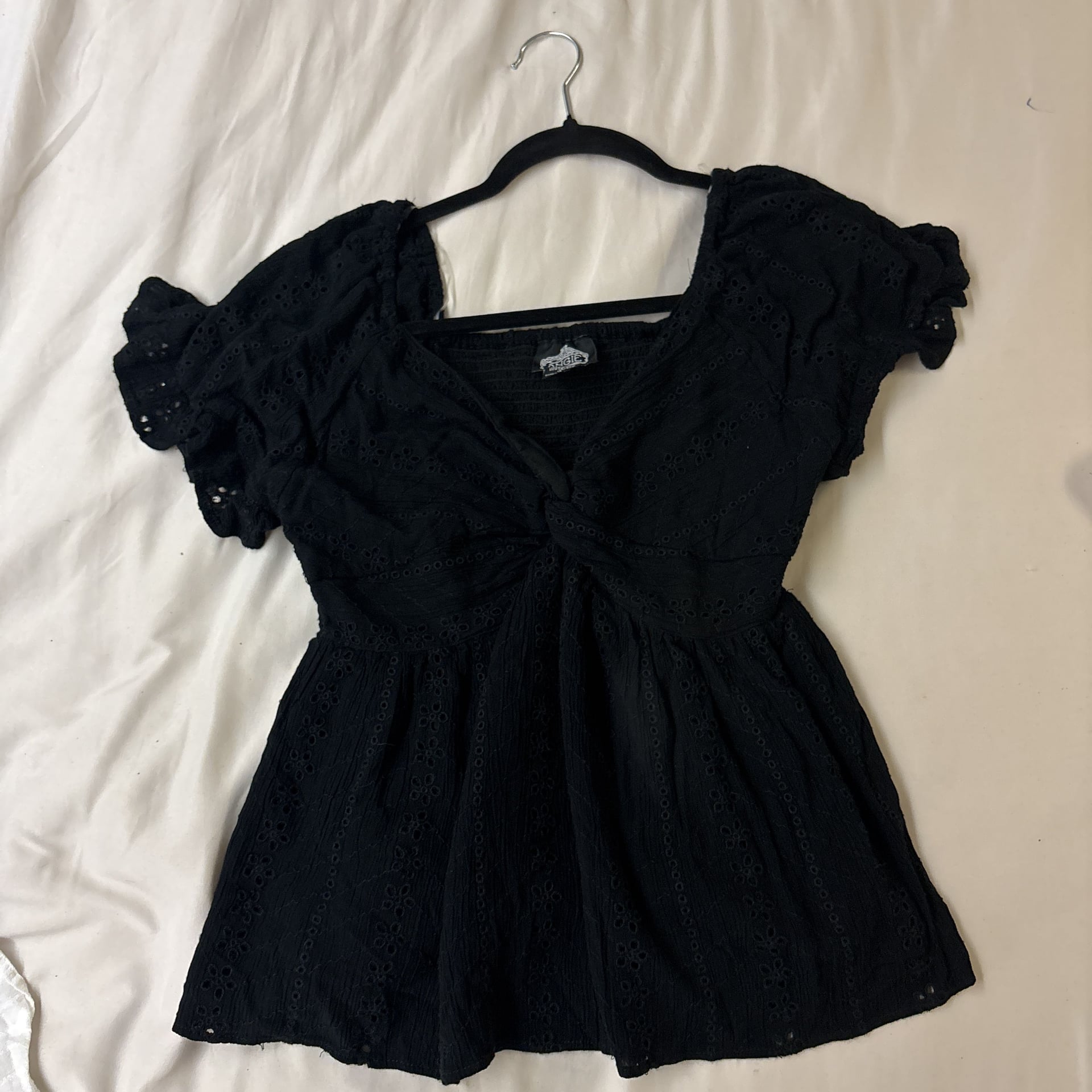 Angie Black Eyelet Short Puff Sleeve Shirt 1
