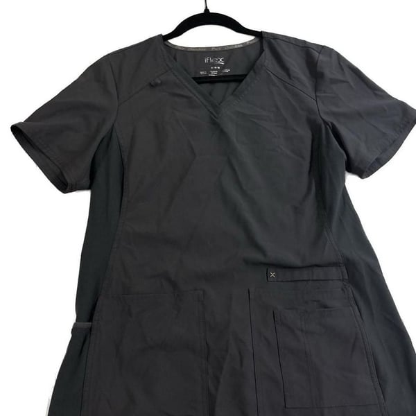 Cherokee iflex Scrub Top Womens XS Charcoal V Neck Short Sleeve Shirt 4 Pockets