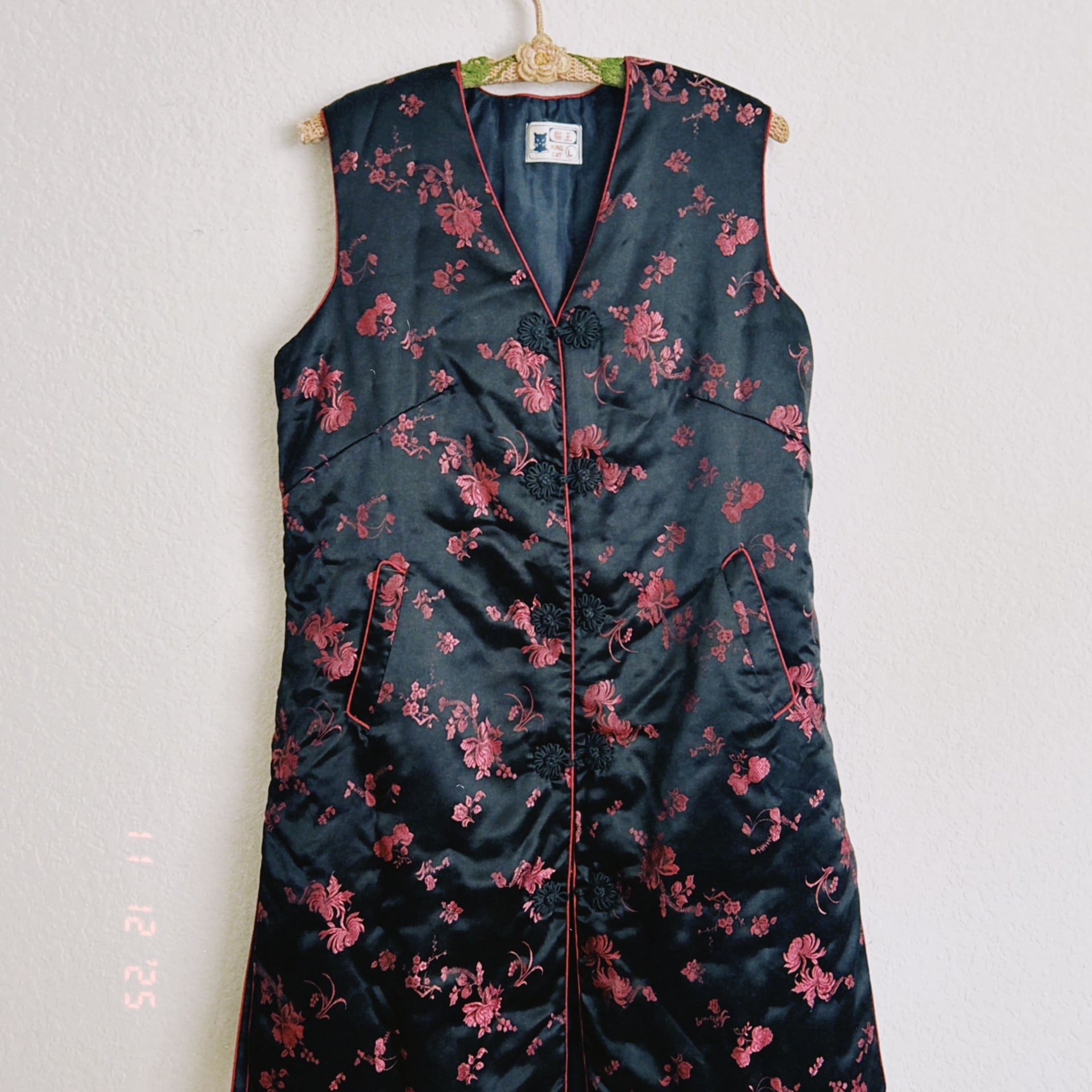 Vintage Black & Red Floral Brocade Chinese Cheongsam Mini Dress 10