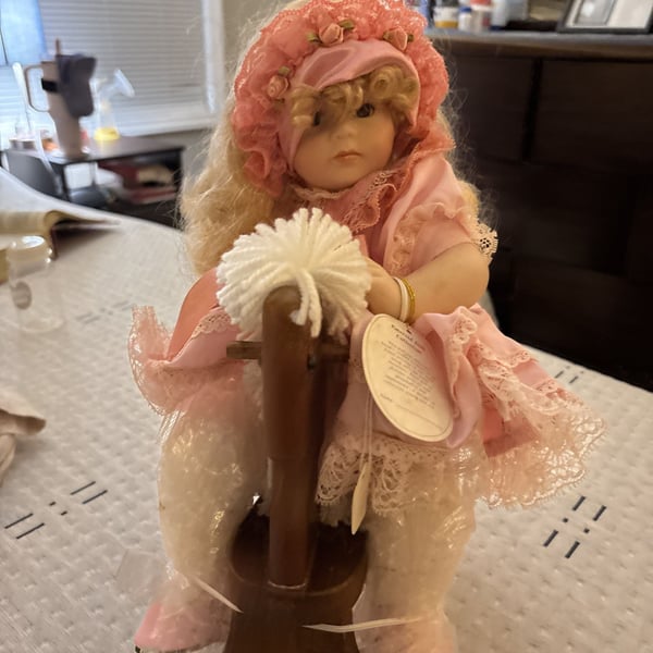 Vintage Porcelain Doll Pink Dress with Umbrella on Horse