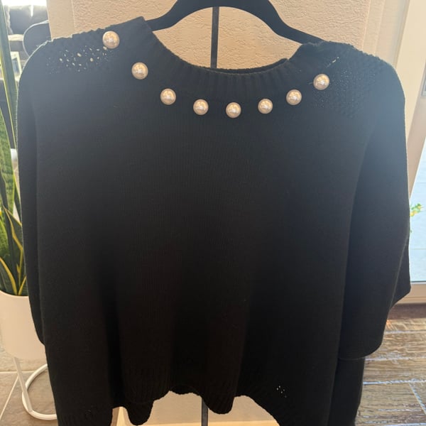 Black Pearl Beaded Short Sleeve Sweater Top