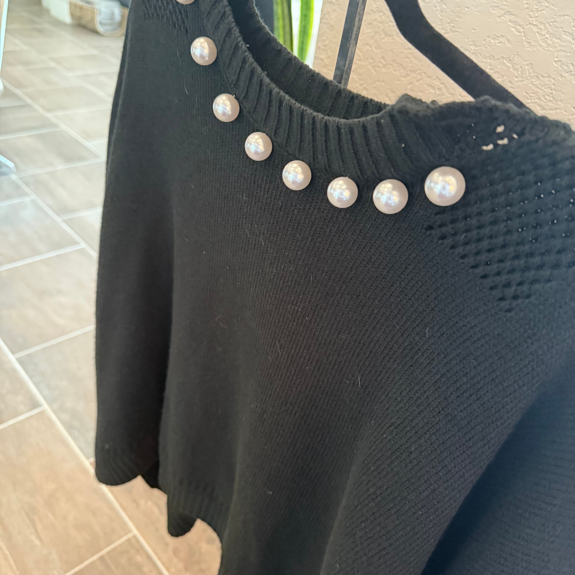 Black Pearl Beaded Short Sleeve Sweater Top 4