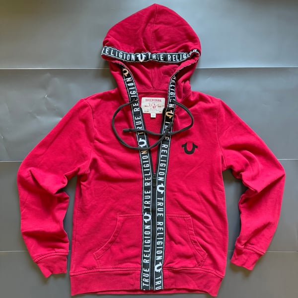 True Religion Red Logo Tape Trim Zip Up Hoodie