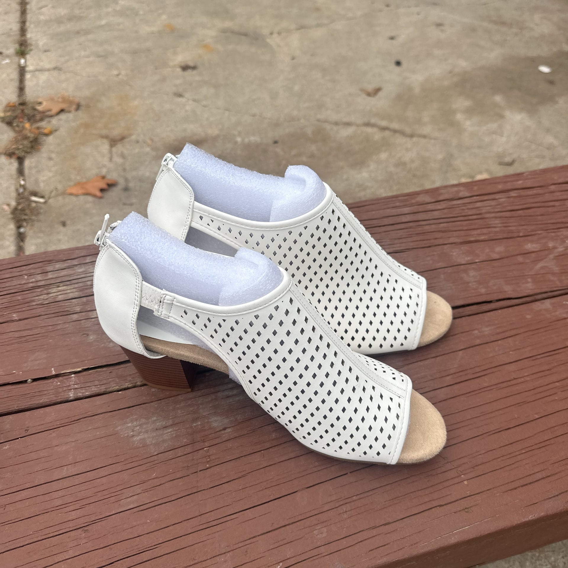 White Perforated Peep Toe Block Heel Sandals with Back Zipper Easy Street 2
