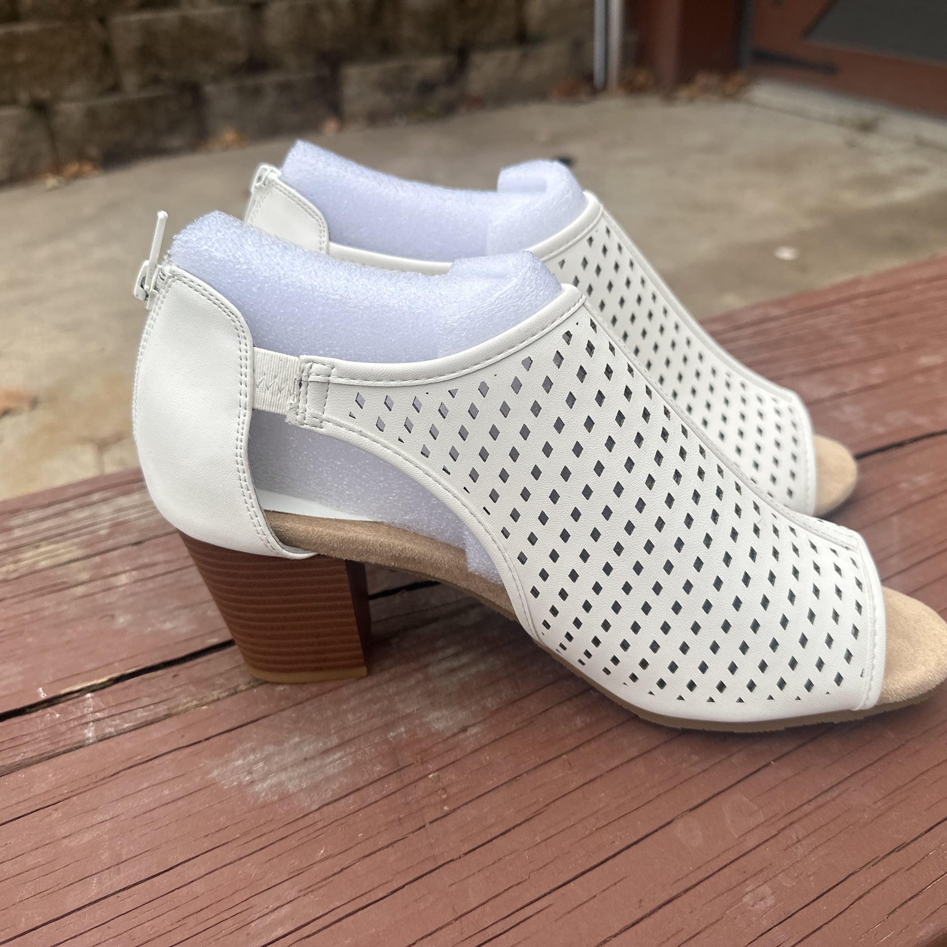 White Perforated Peep Toe Block Heel Sandals with Back Zipper Easy Street 3