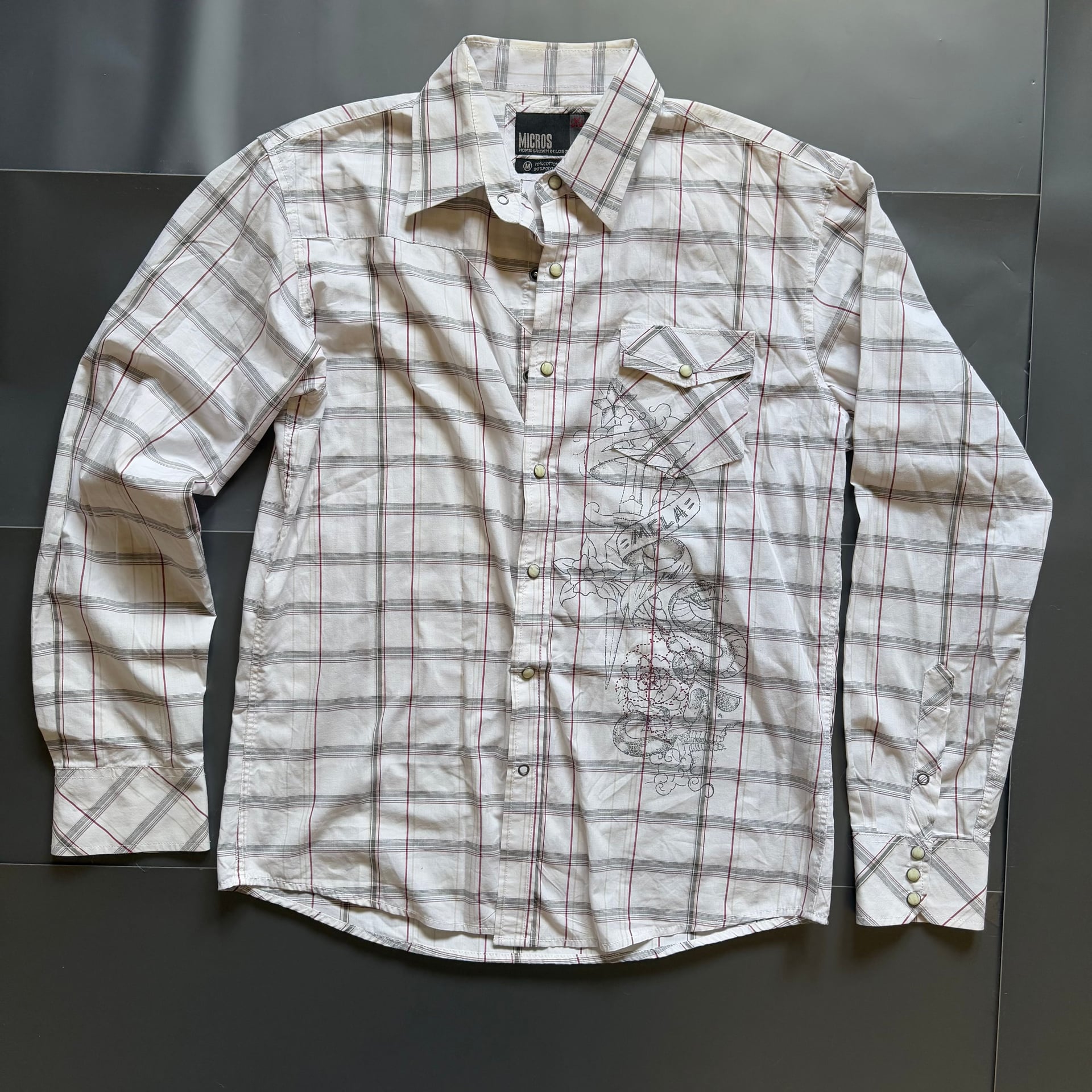 Micros Plaid Western Snap Shirt with Embroidered Design - Men's Medium 1