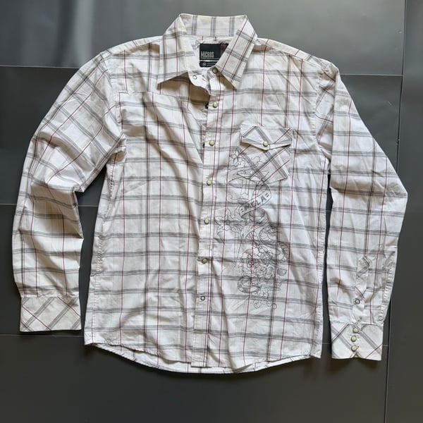 Micros Plaid Western Snap Shirt with Embroidered Design - Men's Medium