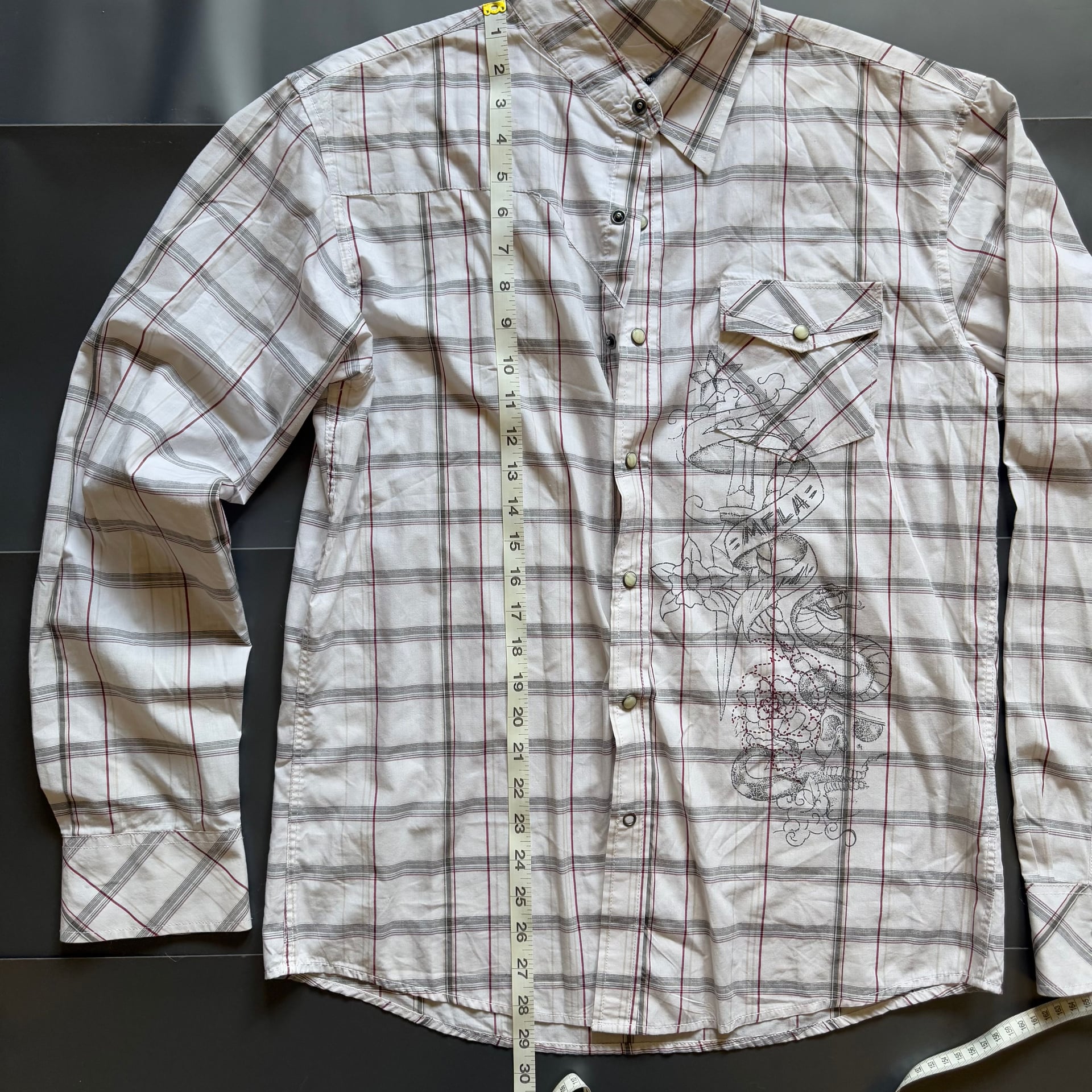 Micros Plaid Western Snap Shirt with Embroidered Design - Men's Medium 3