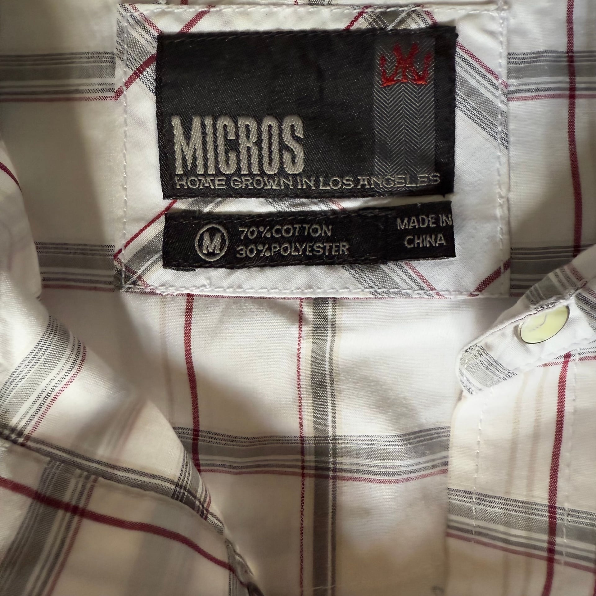 Micros Plaid Western Snap Shirt with Embroidered Design - Men's Medium 8