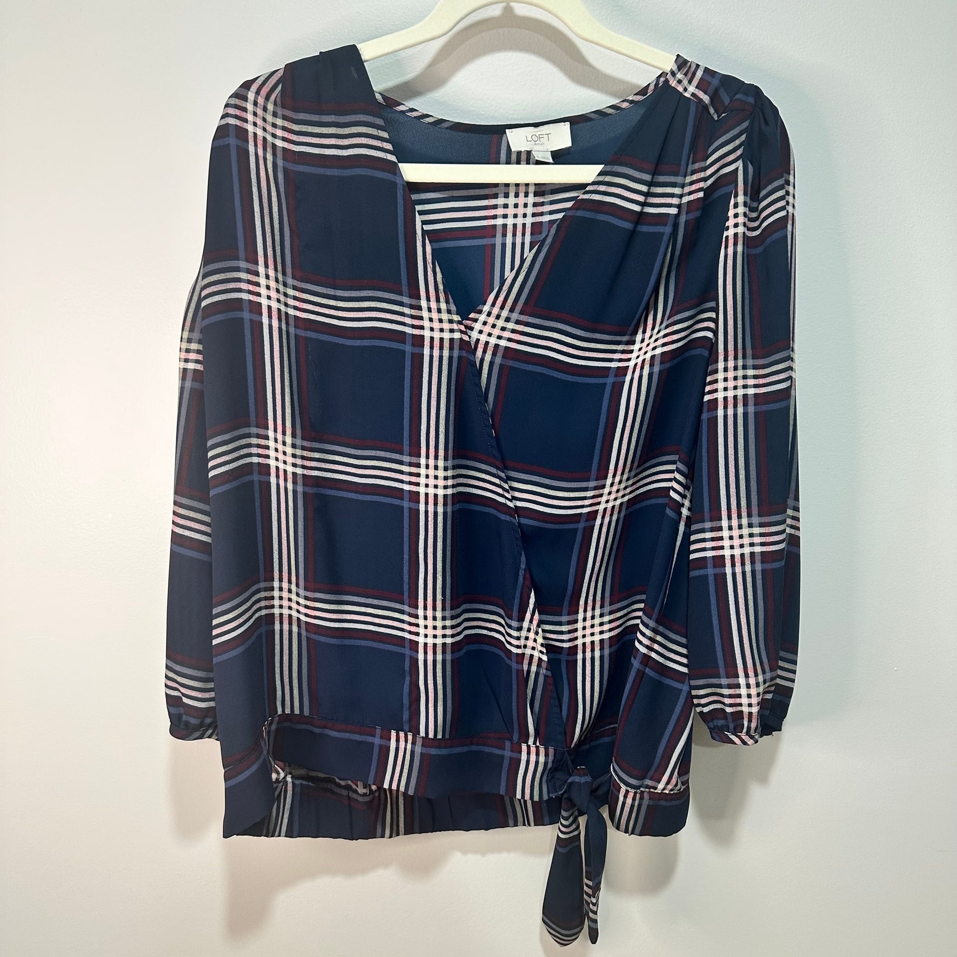 LOFT Plaid Faux Wrap Surplice Blouse Top 3/4 Sleeve, Sz L 2