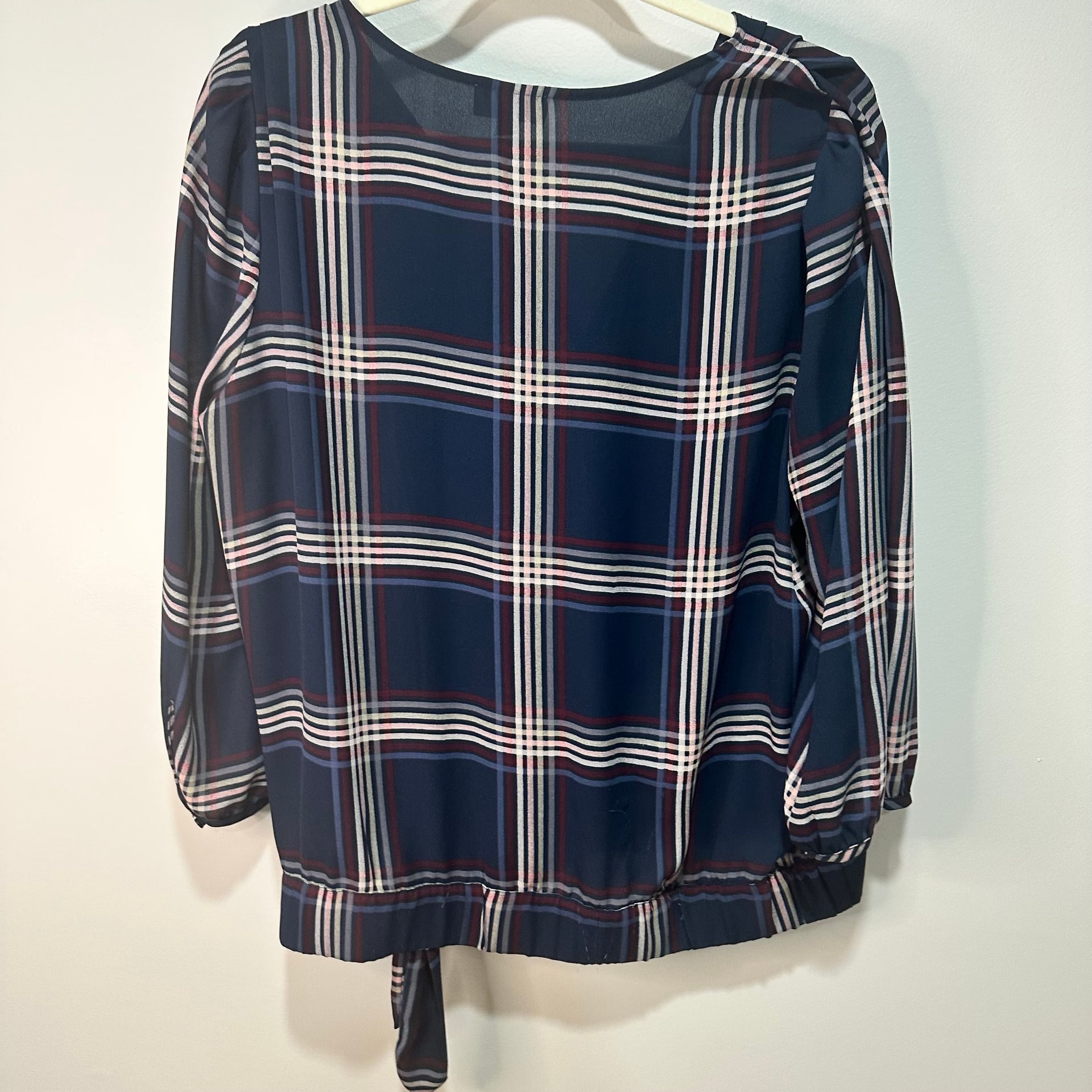LOFT Plaid Faux Wrap Surplice Blouse Top 3/4 Sleeve, Sz L 3